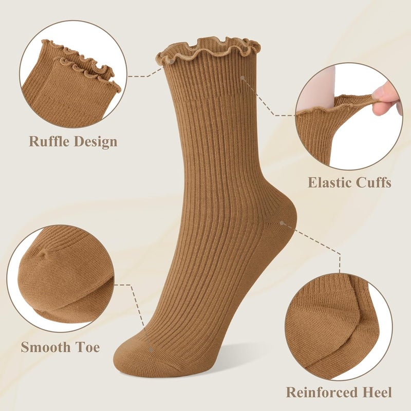 Socksfad Store 6 Pairs Cute Floral Ruffle Crew Socks Women, Breathable Cotton Novelty Casual Girls Above Ankle Funny Socks US 5-10 - Image 3